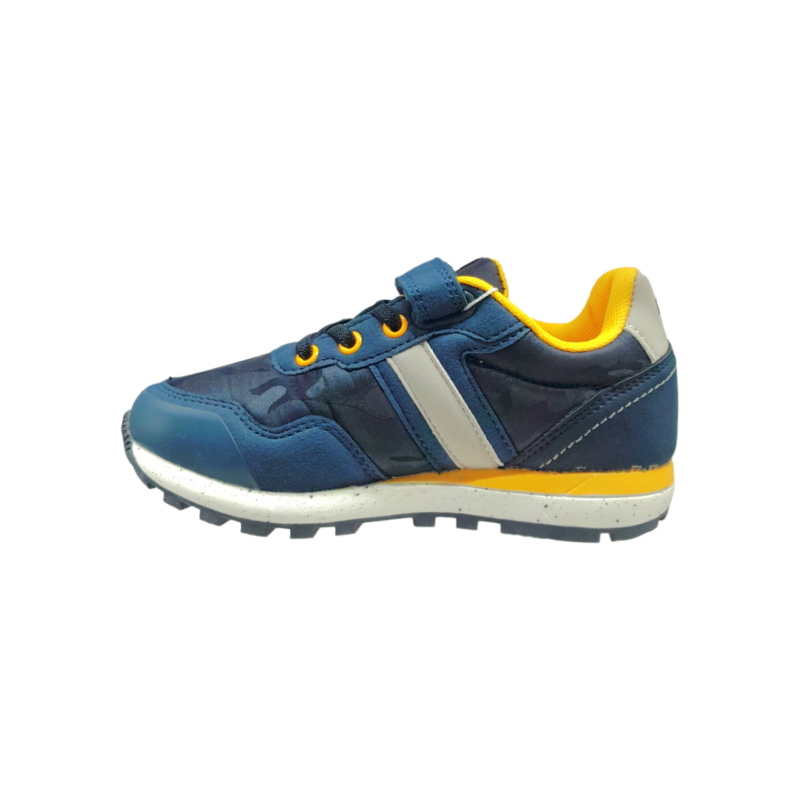 Sneakers sportiva fantasia militare blu per bambino, dettagli giallo-grigio, punta rinforzata in pelle con strappo e lacci elastici – Mtng 3 Sneakers sportiva fantasia militare blu per bambino, dettagli giallo-grigio, punta rinforzata in pelle con strappo e lacci elastici – Mtng