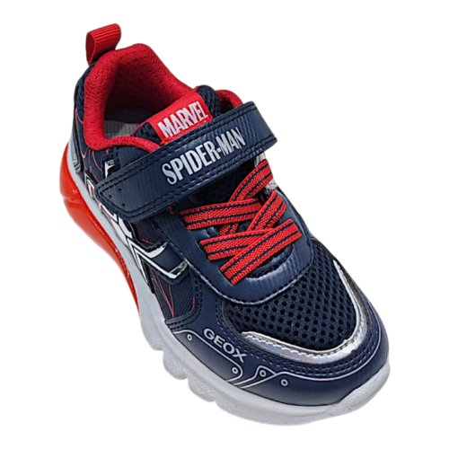 Sneakers sportive Spider-Man blu-rosse in tessuto retato per bambino con ragno argento, luci, strappo e lacci elastici - Geox