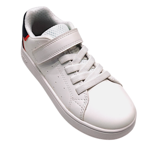 Sneakers sportive bianco-blu scuro in similpelle per bambino con strappo e lacci elastici - Geox
