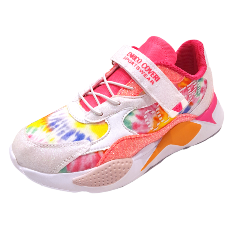Sneakers sportive bianco-multicolor glitterate in tessuto retato per bambina con strappo e lacci elastici - Enrico Coveri 1 Sneakers sportive bianco-multicolor glitterate in tessuto retato per bambina con strappo e lacci elastici - Enrico Coveri
