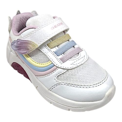 Sneakers sportive bianco-multicolor in tessuto retato per bambina con unicorno, luci, strappo e lacci elastici - Geox