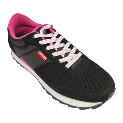 Sneakers sportive nere in tessuto retato per bambina con inserti fucsia e lacci - Levi's