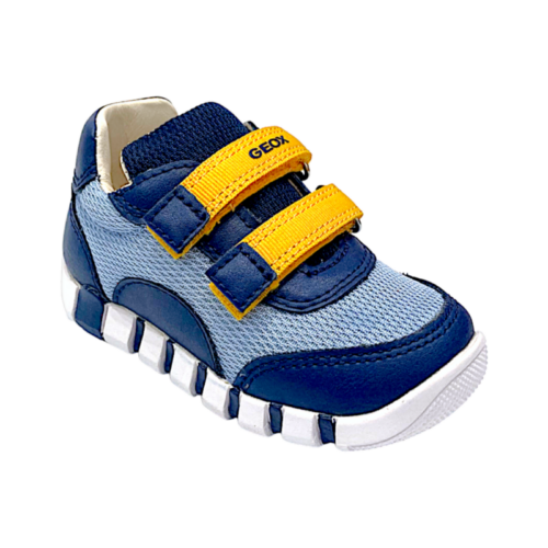 Sneakers sportive primi passi celeste-blu-ocra in tessuto per bambino con doppio strappo e suola flessibile - Geox