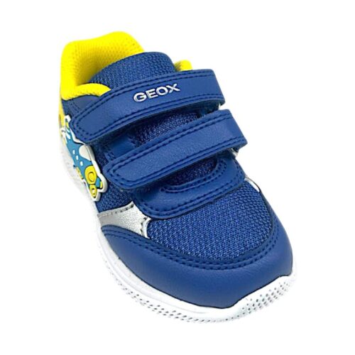 Sneakers sportive retate blu royal-gialle per bambino primi passi con aeroplanino celeste laterale e doppio strappo - Geox
