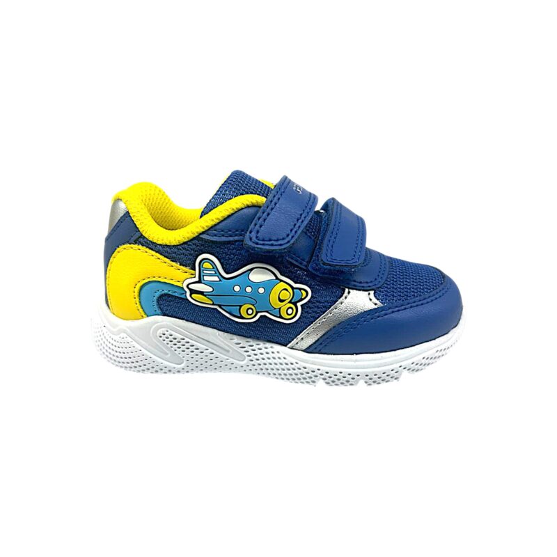 Sneakers sportive retate blu royal-gialle per bambino primi passi con aeroplanino celeste laterale e doppio strappo - Geox 2 Sneakers sportive retate blu royal-gialle per bambino primi passi con aeroplanino celeste laterale e doppio strappo - Geox