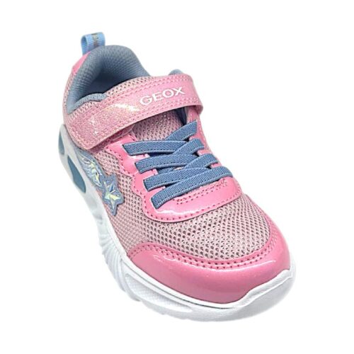 Sneakers sportive rosa-azzurre in tessuto retato per bambina con stella alata laterale, luci, strappo e lacci elastici - Geox