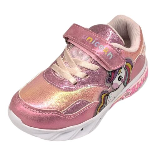 Sneakers unicorno bambina fuxia con strappo, lacci elastici e luci - Alek Moda