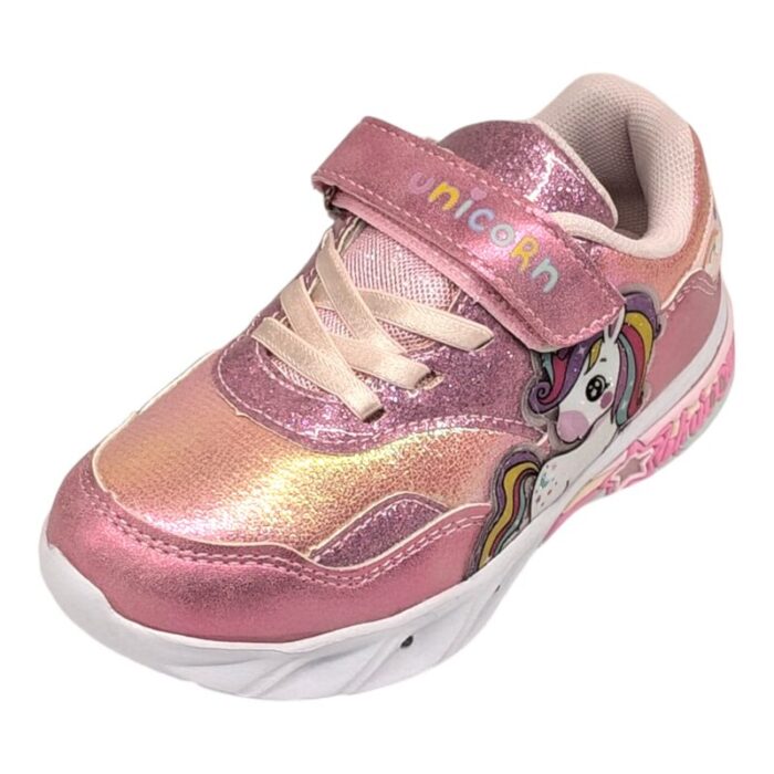 Sneakers unicorno bambina fuxia con strappo, lacci elastici e luci - Alek Moda