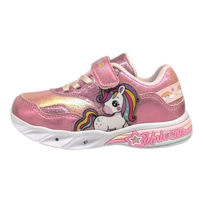 Sneakers unicorno bambina fuxia con strappo, lacci elastici e luci - Alek Moda