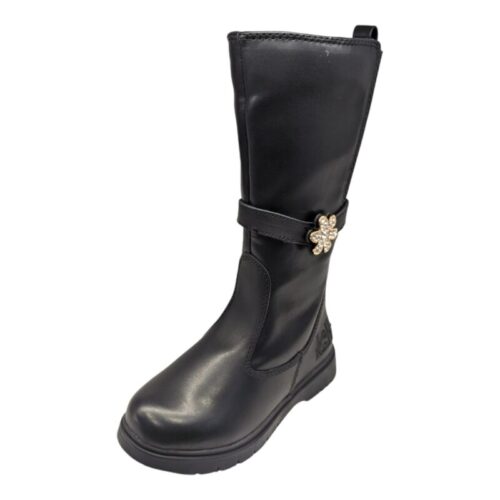 Stivale alto bambina Alyssa in pelle nera con fiore glitterato - Lelli Kelly