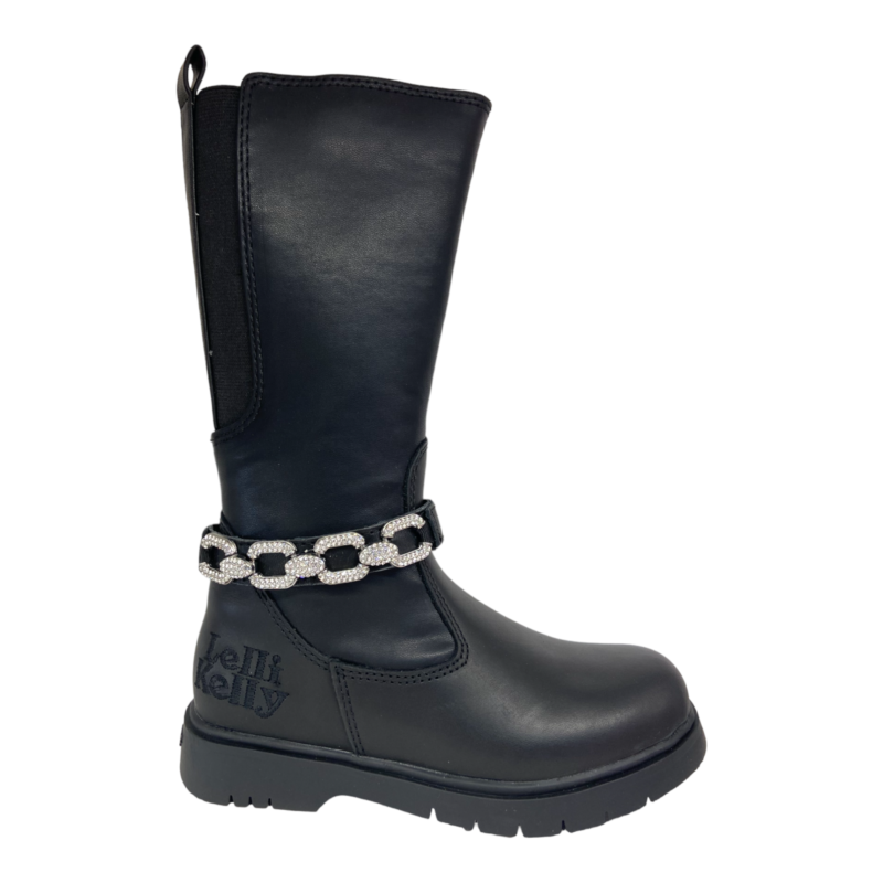 Stivale alto nero in pelle per bambina con catena di strass diamantata - Lelli Kelly