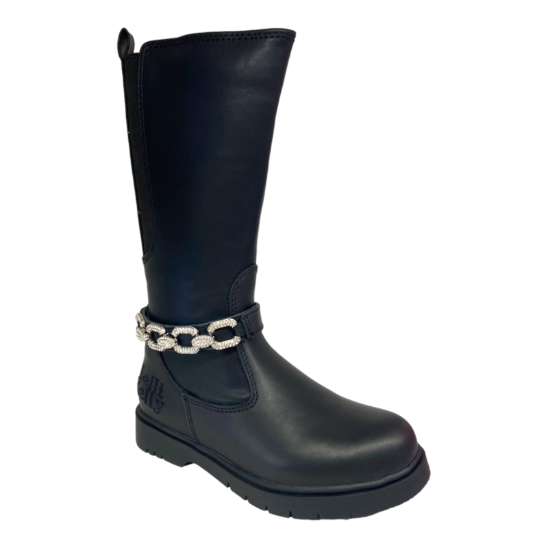 Stivale alto nero in pelle per bambina con catena di strass diamantata - Lelli Kelly