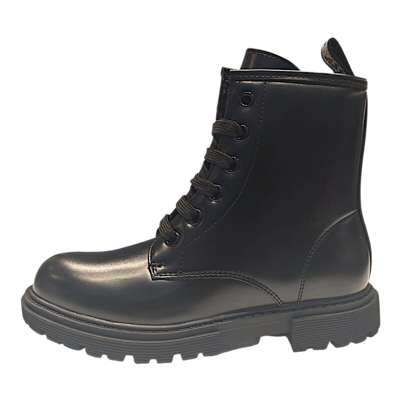 Stivaletto anfibio classico nero lucido per bambina con lacci e cerniera - Asso 3 Stivale anfibio classico nero lucido per bambina con lacci elastici e cerniera - Asso
