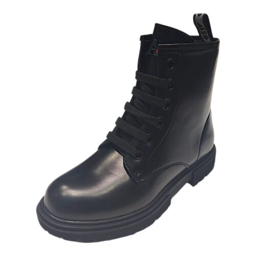 Stivaletto anfibio classico nero lucido per bambina con lacci e cerniera - Asso 8 Stivale anfibio classico nero lucido per bambina con lacci elastici e cerniera - Asso