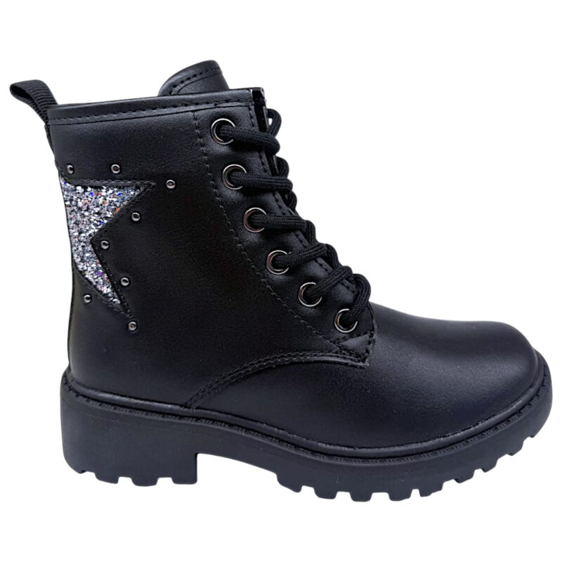 Stivale anfibio nero per bambina-ragazza con stella argento glitterata posteriore, lacci elastici e zip laterale - Geox 2 Stivale anfibio nero per bambina-ragazza con stella argento glitterata sul retro, lacci elastici e cerniera - Geox