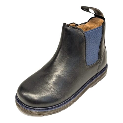 Stivale unisex nero modello Chelsea in pelle con elastico blu e cerniera lampo laterale– Grünland