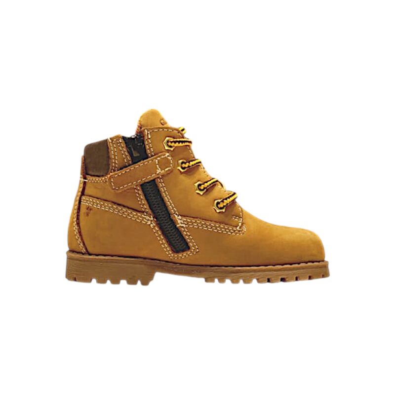 Stivaletti, anfibio cuoio-ocra tipo Timberland per bambino con lacci e zip laterale - Grünland 2 Stivaletti, anfibio ocra tipo Timberland per bambino con lacci e cerniera - Grünland