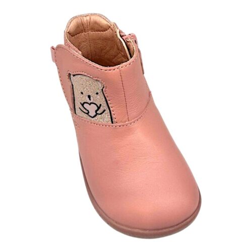 Stivaletti rosa barefoot alla caviglia in pelle per bambina con orsetto, cerniera e strappo - Garvalín