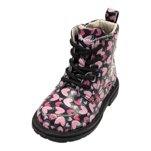 Stivaletto anfibio black con cuori Red-Pink e lacci con zip laterale - Primigi