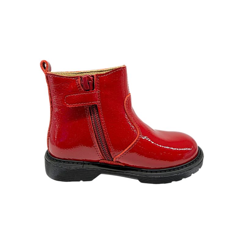 Stivaletto, anfibio rosso per bambina in pelle naplak verniciata con fiocco in velluto, lacci e zip laterale - Rossano 2 Stivaletto, anfibio rosso per bambina in pelle naplak verniciata con fiocco in velluto, lacci e zip laterale - Rossano