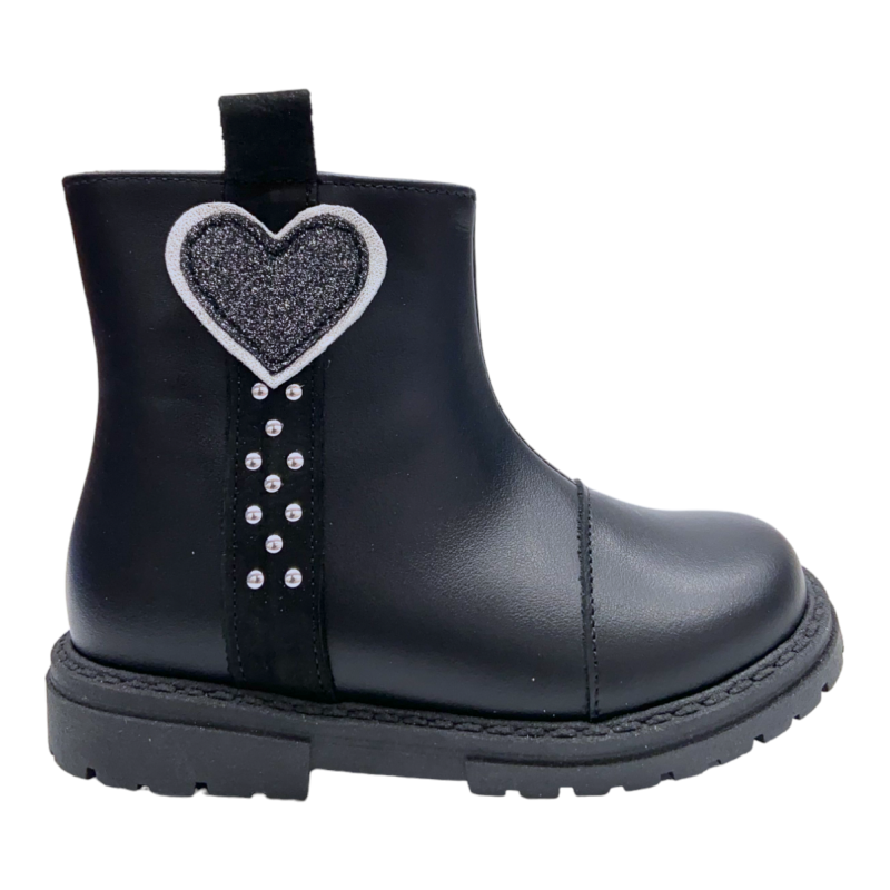 Stivaletto in vitello nero con cuore glitter per bambina - Rossano