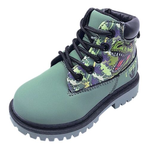 Stivaletto invernale verde per bambino tipo Timberland con dinosauri  – Alek Moda Silver