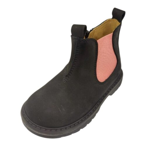 Stivaletto nero in nabuk per bambina primi passi con elastico fucsia e zip laterale – Rossano
