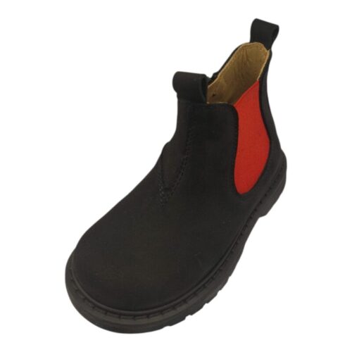 Stivaletto nero in nabuk per bambina primi passi con elastico rosso e zip laterale – Rossano
