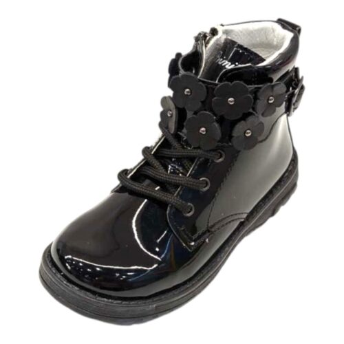 Stivaletto per bambina nero lucido con fascia con fiori, lacci e zip laterale - Primigi