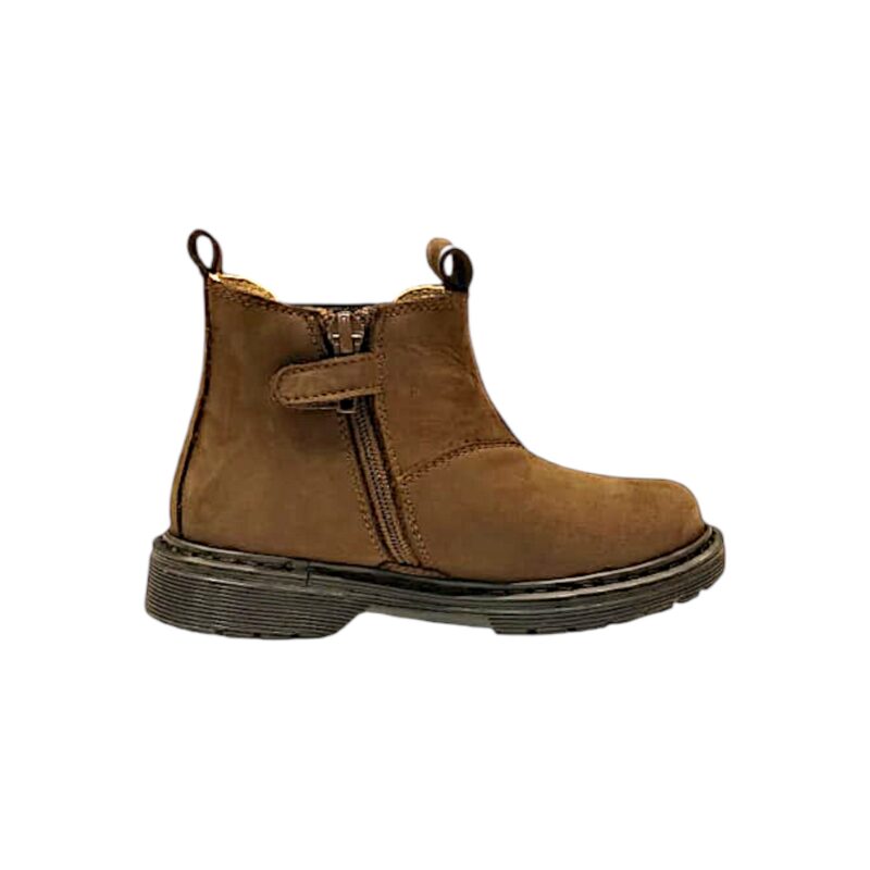 Stivaletto unisex marrone in nabuk con elastico a righe marrone, gialle, verdi e zip laterale - Rossano 2 Stivaletto unisex marrone in nabuk con elastico a righe multicolor e zip laterale - Rossano