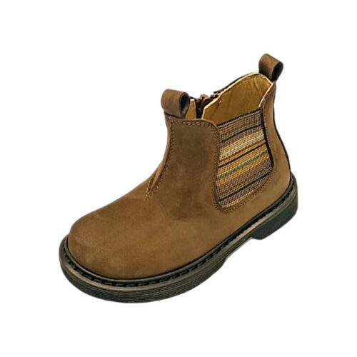Stivaletto unisex marrone in nabuk con elastico a righe marrone, gialle, verdi e zip laterale - Rossano 2 Stivaletto unisex marrone in nabuk con elastico a righe multicolor e zip laterale - Rossano