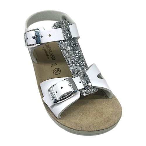 Sandalo bianco per bambina con fascia centrale argento glitter e fibbie argento – Grünland 20 Sandalo bianco per bambina con fascia centrale argento glitter e fibbie argento – Grünland